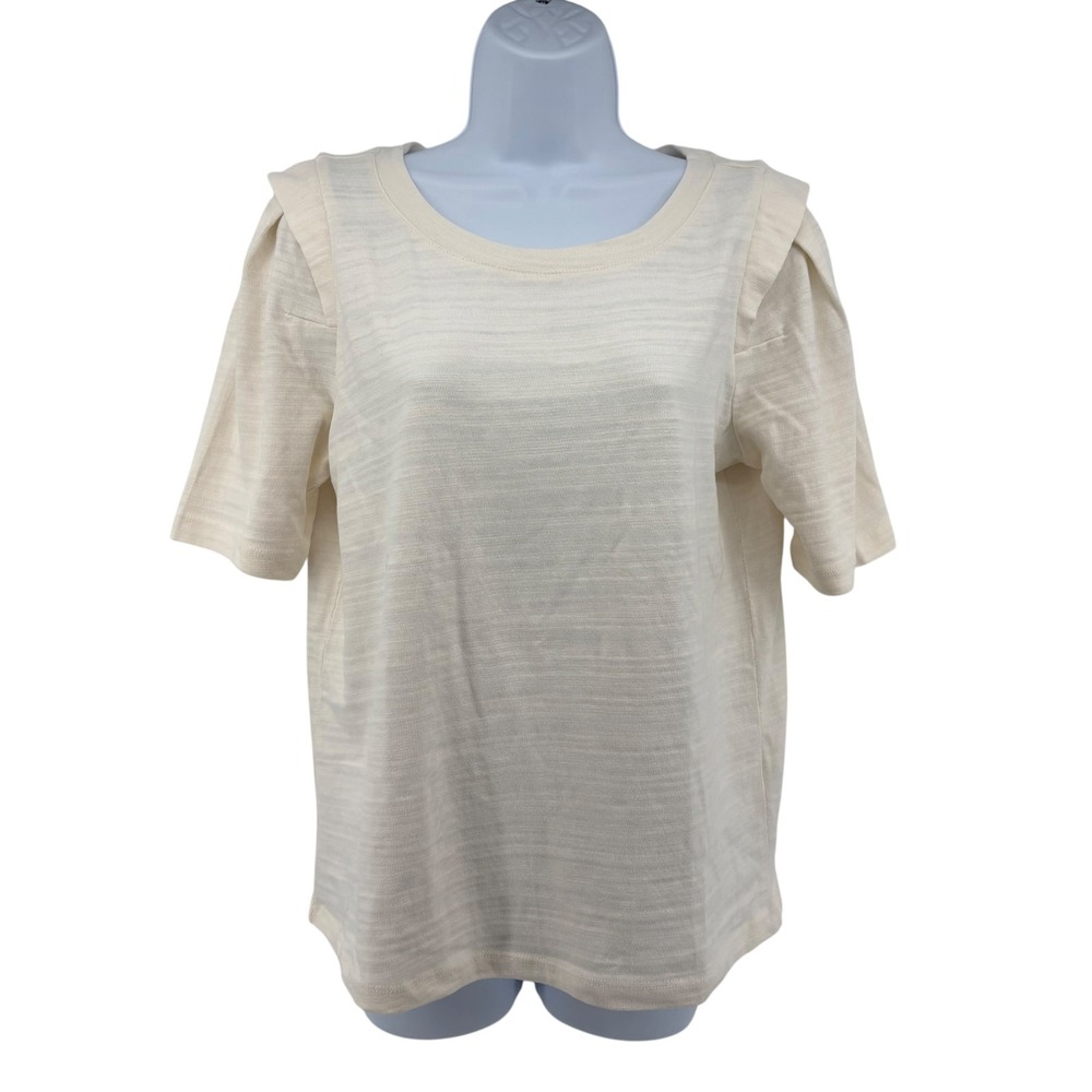 LOFT Pleated Puff Sleeve T-Shirt Women's M Cream 100% Cotton NWT